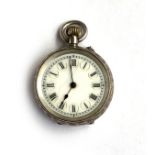 A .935 silver ladies open face fob watch in an engine turned case