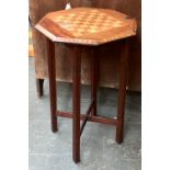 A small hexagonal marquetry inlaid chess table, 42x62cmH