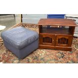 A blue leather upholstered footstool, approx. 68cmW; together with a hardwood side cabinet, 75cmW