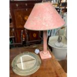 A pink ceramic table lamp with corinthian column and pink marble effect shade, 53cmH; together