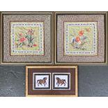 Two framed silk embroidered floral panels, each 27cm2; together with Indian paintings on silk of