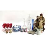 A mixed lot to include six cranberry glasses; Aynsley bird figurines; Spode Italian; Blue glass