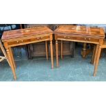 A pair of modern tea tables, with fold over tops, each with single drawer, on turned legs, 75.