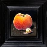 Susan P. Vogel (20th century Dutch), still life of peach and snail, 10x10cm