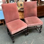 A pair of Victorian upholstered hall chairs, faceted turned supports and stretchers