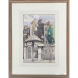 20th century watercolour, Scottish street study with statue, 36x24cm