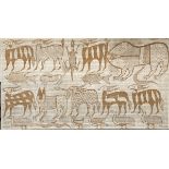 Two large African textiles depicting various animals, mounted on stretchers, 120x220cm and 76x186cm