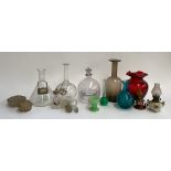 A mixed lot of glass to include ships decanter and others, silver topped bottle (af), Dartington