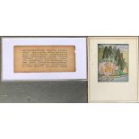 Framed and mounted Eastern manuscript, 19x44cm; together with an Indian colour print depicting