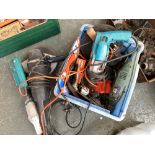 A mixed box of tools, to include Black & Decker angle grinder, Makita and Bosch drill, various