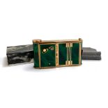 A German Art Deco green marbled enamel camera shaped musical compact, in original box, marked 'La