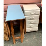 A formica topped gateleg table, 70x32x74cmH; together with a white painted cabinet of five