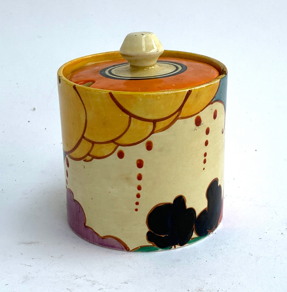 A Clarice Cliff 'Fantasque' jam pot, 9.5cmH - Image 2 of 13