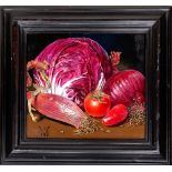 Susan P. Vogel (20th century Dutch), still life of red cabbage, onion, shallot, tomato and chilli
