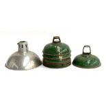 A set of six vintage industrial green enamel lamp shades, 23cmD, together with one other similar,