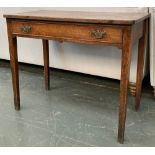 A George III oak side table, with two plank top, over single drawer, on square tapered legs, 85.