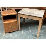 A vintage schoolboy's desk, 61cmW; together with a 1960s bedside cabinet with undershelf and
