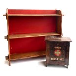 A Sanoid wall mounted first aid box, 28cmW; together with a small oak wall hanging bookshelf of