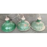 A lot of three vintage green enamel industrial lightshades, each 41cmD