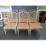 A good set of six Chinese Chippendale style white painted faux bamboo occasional chairs, with lattic