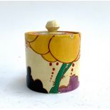 A Clarice Cliff 'Fantasque' jam pot, 9.5cmH