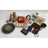 A mixed lot to include micro mosaic paperweight; Japanese dolls and souvenirs; Victorian transfer