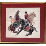 Two possibly Mongolian artworks, one depicting three horseman, 42x48cm; the other 46x63cm