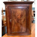 A George III mahogany corner cupboard, the fielded panel door opening to reveal three shaped