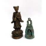 A cast metal figure of a girl holding a flask, 26cmH; together with a metal statue of a buddha,