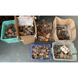 Five boxes of various turned wooden knobs and feet etc