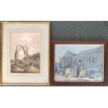 Watercolour of a ruined abbey archway, signed J. Bourne, 27.5x20cm; together with a watercolour of a