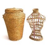 A rush laundry basket, with lid, 65cmH; together with a wicker torso and one other basket