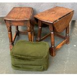 A near pair of 'joint stool' drop leaf occasional tables; together with a small footstool