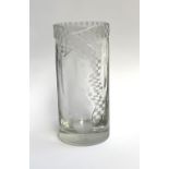 A Martin Voitenleitner cylindrical art glass vase etched with a check glass scarf design, circa