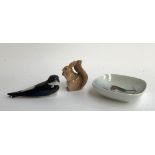 Three pieces of Royal Copenhagen porcelain, to include robin design pin dish, squirrel and