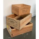 Three wooden wine crates, 33x50x18cm (2) 26x33x18cm (1)