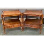 A pair of burr walnut veneer bedside nightstands, each with brushing slide, over undershelf and