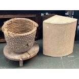 A Lloyd Loom style corner laundry basket, 52cmH; together with unusual circular footstool and a rush