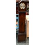 A small oak long case clock, Arabic numerals, the dial flanked by barleytwist columns, 133cmH,