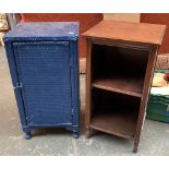 A blue painted Lloyd Loom style bedside cabinet, 39x31x71cmH; together with a small mahogany open