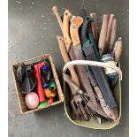 A trug of mixed garden pruning tools, together with a quantity of hose fittings