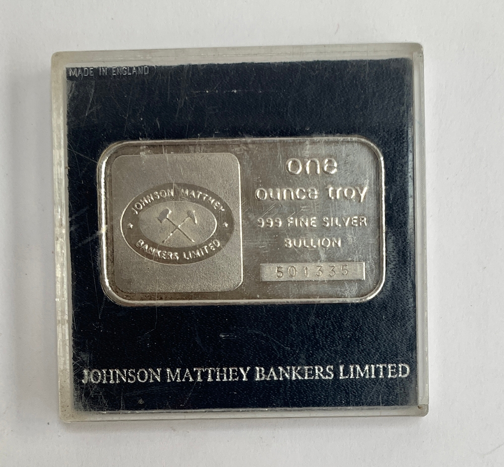 A one ounce troy 999 fine silver bullion, by Johnson Matthey Bankers Limited