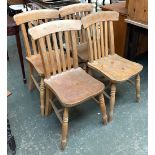 A set of four latheback beech kitchen chairs, on turned legs and H stretchers