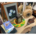 A mixed lot to include Japanned dome mantel clock; small set of fire bellows, studio pottery clock