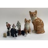 A quantity of ceramic figures including cat, 31cmH and kitten, signed to base, three small