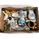 Box of Pottery inc. Blue & White M&N Ironstone Jug, Pottery Animals and Birds, etc.