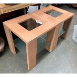 A pair of contemporary oak occasional tables with glass inset top and frosted glass undershelf,