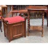 A piano stool/purdonium with upholstered seat, 55cmW; together with a small table with barleytwist