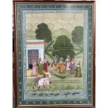 A very large Indian painting on silk depicting the god Krishna with the Gopis of Vrindavan, 74x100cm