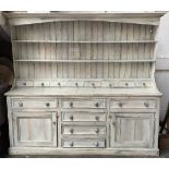 A very large kitchen dresser, painted a light distressed blue, 225x48x200cmH